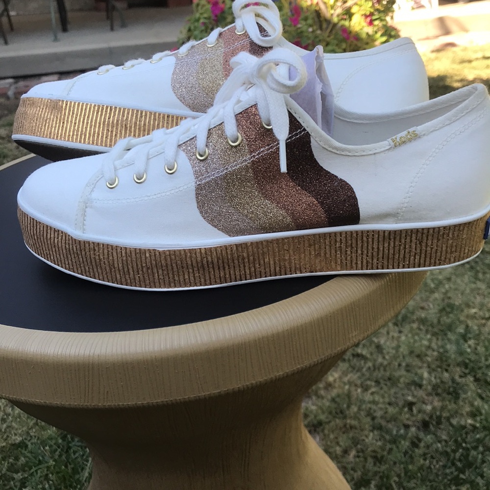 Keds New sneakers w Gold bronze laceUp Triple Kick Canvas wedge sneakers 9.5 - Picture 6 of 14